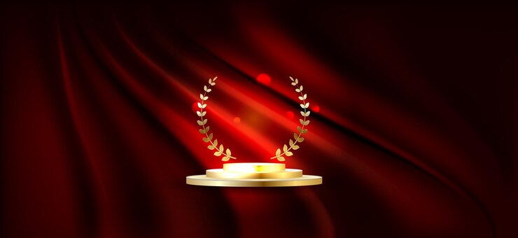 Golden podium for first place with laurel wreath gold rank on stage on red curtain background