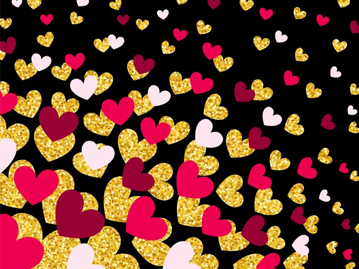 Golden sparkles hearts background Black texture with golden hearts Valentines day vector