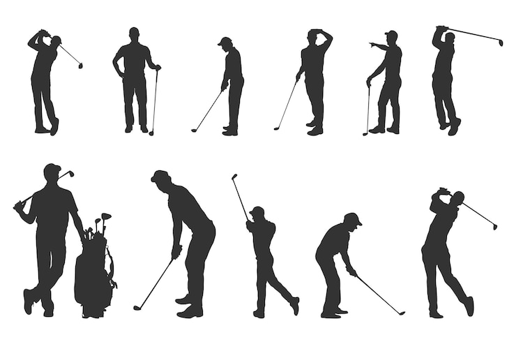 Vector golf player silhouettes, golf players playing silhouette