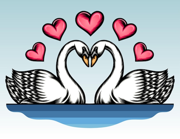 Goose couple with hearts isolated on blue
