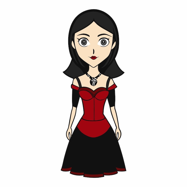 Vector gothic woman in red and black dress with necklace