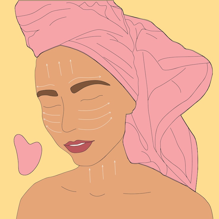Vector gouache massage. how to do a facial massage. massage lines. young woman with a towel on her head.