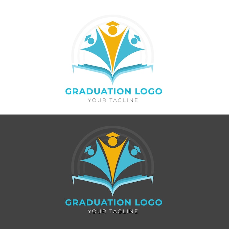 Vector graduation logo with three characters, graduation hat and open book