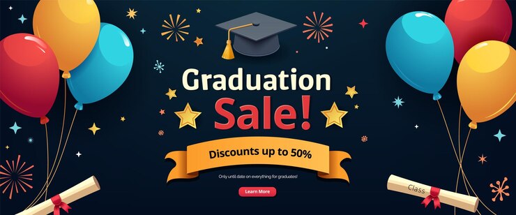 Graduation sale banner with balloons and a graduation cap