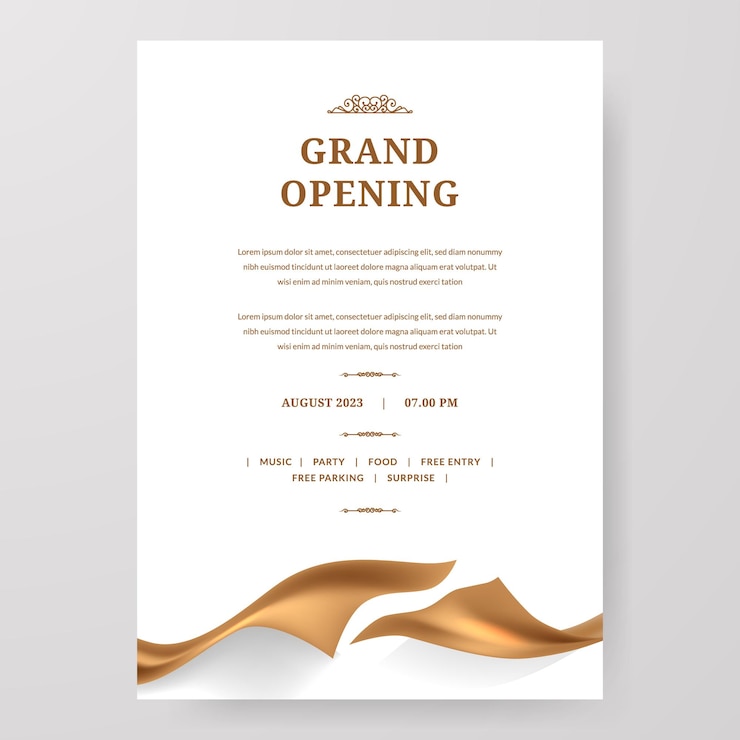 Vector grand opening poster celebration with golden fabric satin gold silk ribbon element decoration for luxury elegant vip