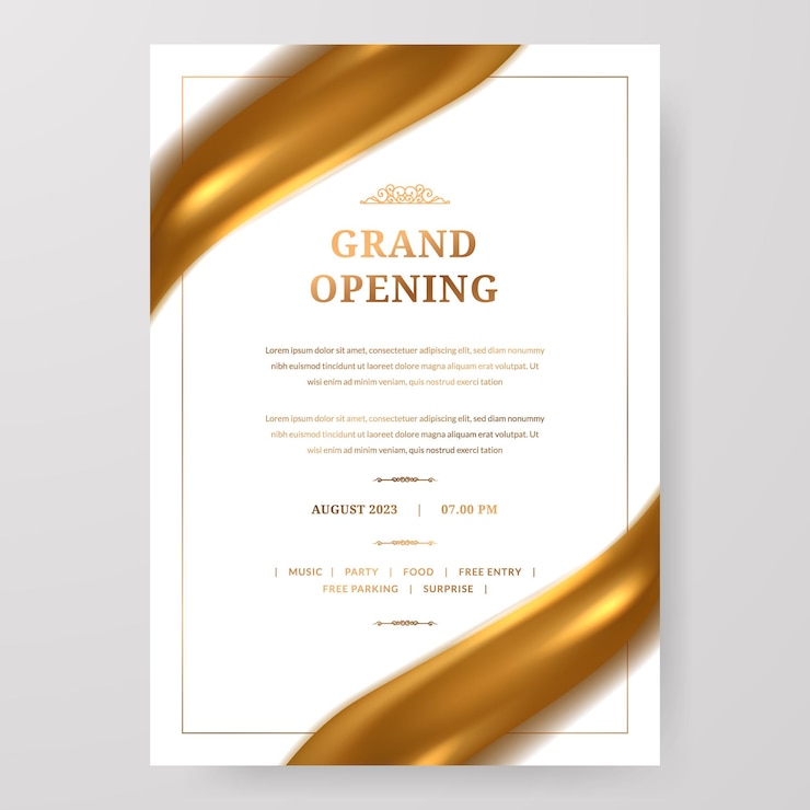 Vector grand opening poster celebration with golden fabric satin silk ribbon drapery element decoration