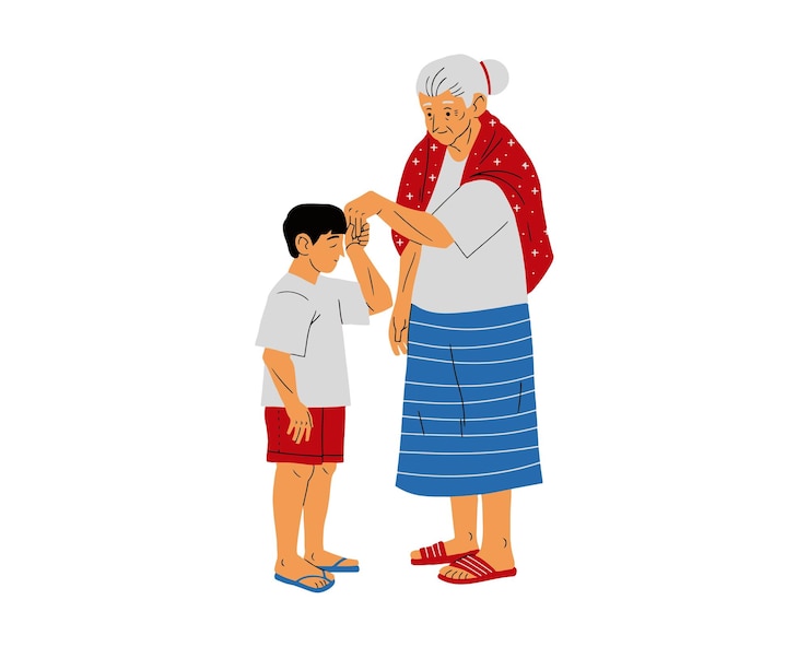 Vector grandmother and grandson standing together and holding hands vector illustration