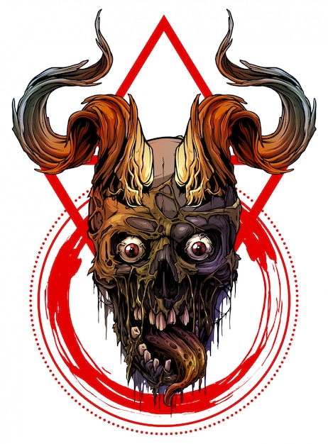 graphic colorful human skull with bull horns