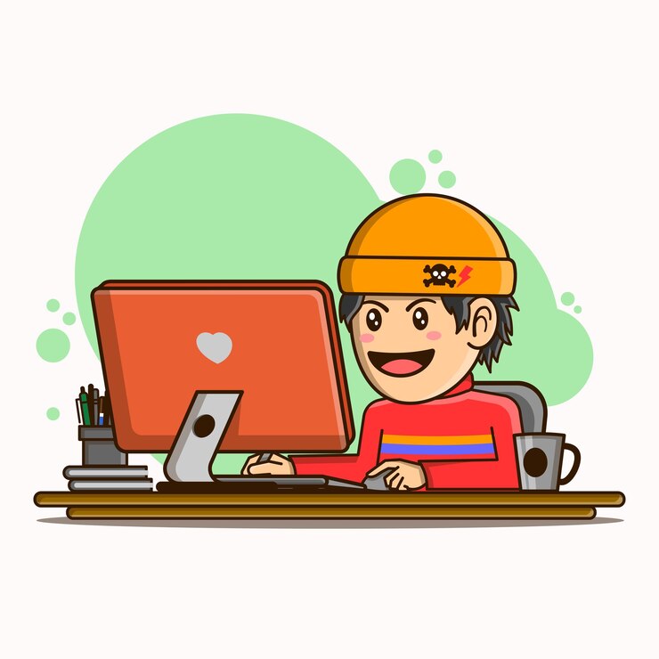 Vector graphic designer operating computer in cartoon illustration