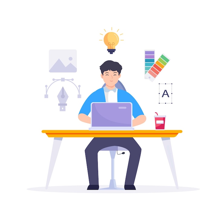 Vector graphic designer work on desk vector illustration