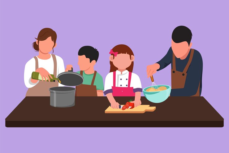 Vector graphic flat design drawing happy family mom dad little daughter and son are cooking delicious food together in kitchen for dinner at home kitchenware crockery cartoon style vector illustration