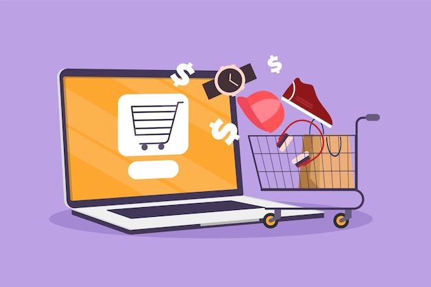 graphic flat design drawing laptop computer and shopping cart with product purchased online ecommerce and digital marketing order to cart online store technology cartoon style vector illustration