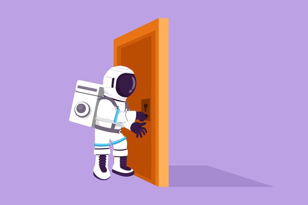 graphic flat design drawing young astronaut holding a door knob entering room in moon surface spaceman holding door knob to open door cosmonaut deep space concept cartoon style vector illustration