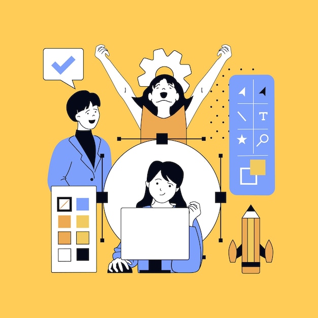 Graphic web design concept for modern website design People creating wireframe layouts coding on platform drawing content elements working with project colours and settings Vector illustration