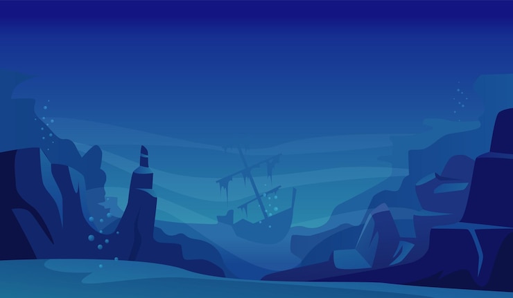 Vector graveyard of ships ocean dark underwater landscape with damaged ships vector background
