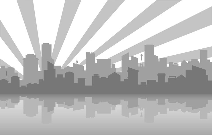 Vector gray city skyline silhouette concept urban arcitecture and infrastructure cityscape near water or river buildings and houses in rays of light poster or banner cartoon flat vector illustration