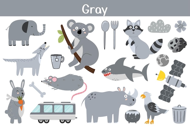 gray color objects set learning colors for kids cute elements collection educational background