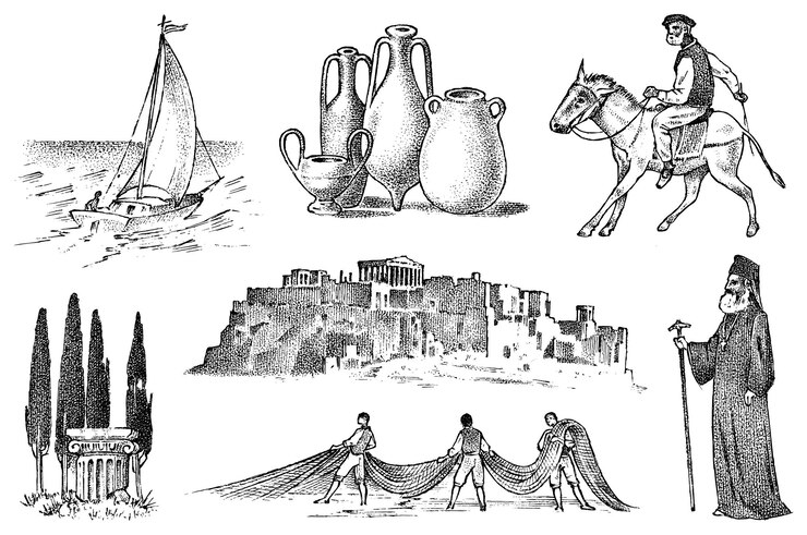 Vector greek culture set of national symbols sailboat and priest jugs and fishing trees horse racing and ruins hand drawn engraved sketch in vintage style
