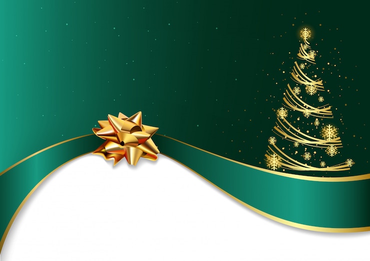 Vector green christmas background with golden bow and tree