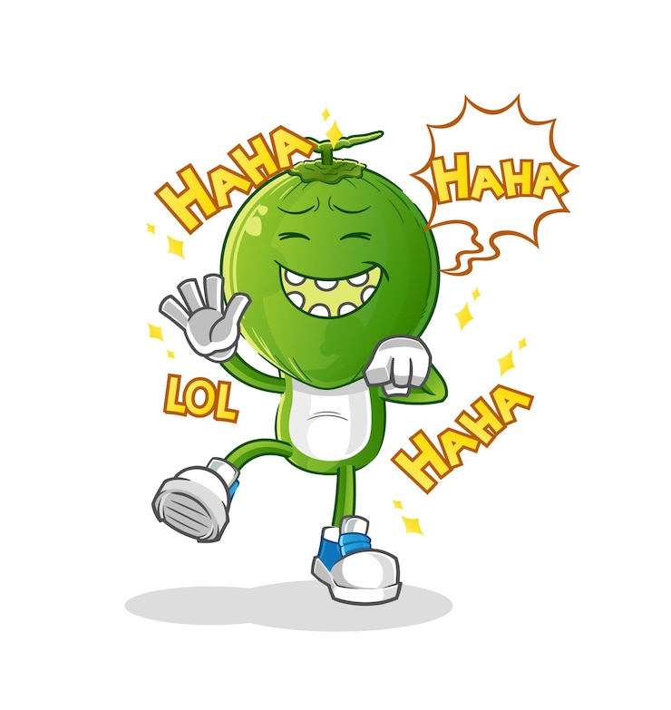 Vector green coconut head cartoon laugh out loud character. cartoon vector