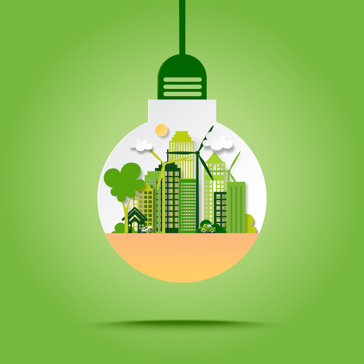 Vector green eco city with save energy and recycle concept in light bulb paper art style.