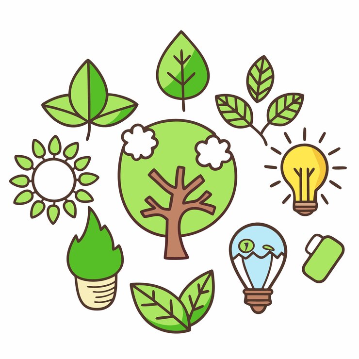 Vector green leaves a tree a light bulb and a hot air balloon