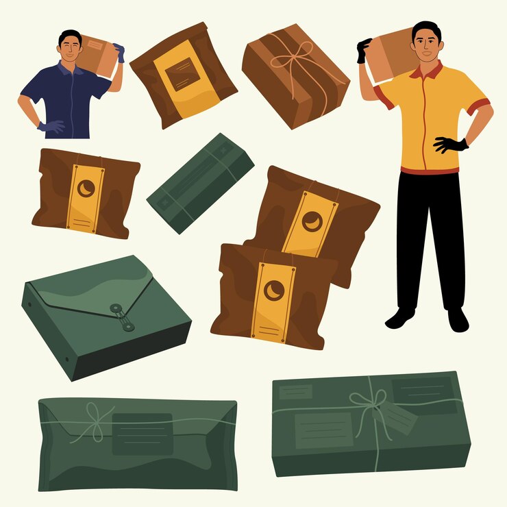 Vector green package box and courier