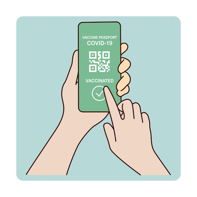 Green pass digital dengan kode qr di layar ponsel yang dipegang oleh tangan di latar belakang v