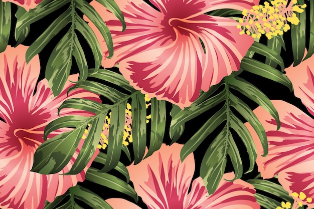 Green red exotic pattern. Monstera and hibiscus flowers tropical bouquet.  Hawaiian t-shirt and swimwear tile.  Horizontal romantic wild vector exotic tile. Hypernatural botanic design.