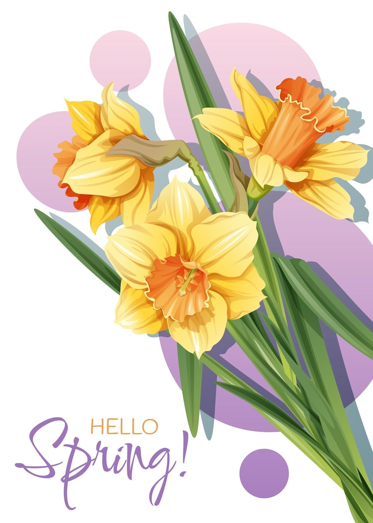 Vector greeting card template with spring flowers banner poster with daffodils easter illustration of delicate flowers in cartoon style for card invitation background etc