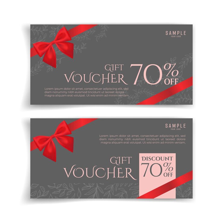Vector grey gift voucher with red bow ribbon simple and luxury style gift card with ribbon