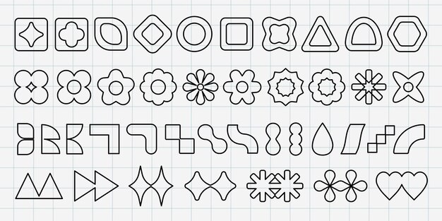 Grid of geometric shapes Geometric shapes include circles squares triangles Shapes are outlined creating a geometric pattern Geometric design on grid Black shapes vector element set