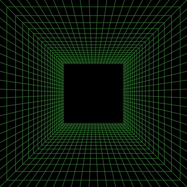 Grid room in perspective in 3d style. Indoor wireframe from green laser beam, digital empty box