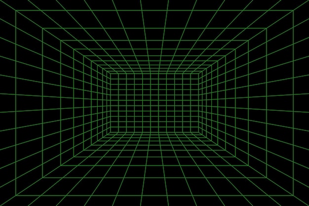 Grid room in perspective in 3d style. Indoor wireframe from green laser beam, digital empty box