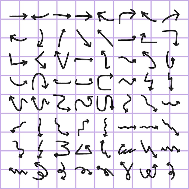 Grid with various black arrows in different directions Arrows pointing up down left right Curved arrows zigzag arrows on a grid Element vector set