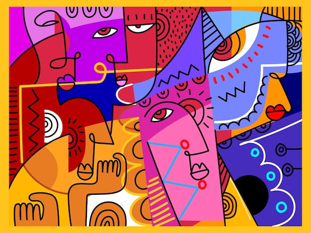 Group of abstract face portrait line drawing geometric vector illustration for wall art print cards