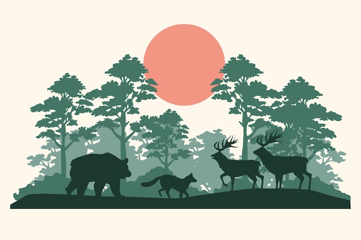 Vector group of animals silhouettes in the jungle