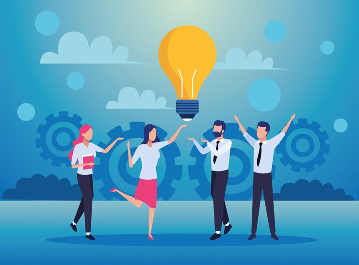 Vector group of business people teamwork with bulb characters