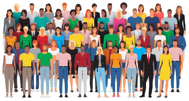 Vector group of casual people standing , big crowd diverse ethnic,   illustration