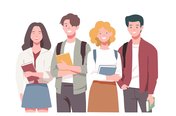 Group of happy college students standing with books University education Vector illustration