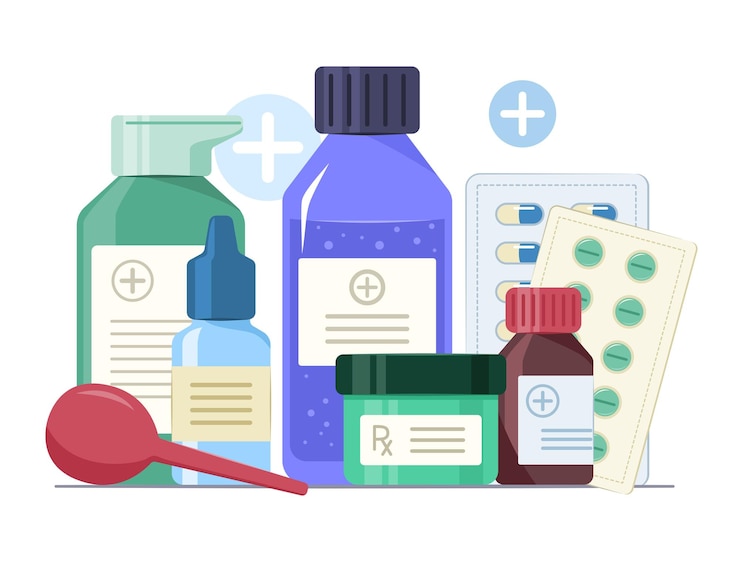 Vector group of medicine bottles medicine packs and syringe ball for healthcare and medical concept