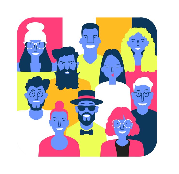 Group of people of different nationalities and cultures People background The crowd of abstract people Shoulders avatars Bright people portraits set