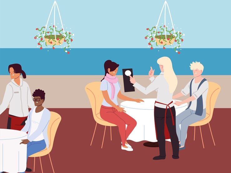 Vector group of people sit at table and order meal
