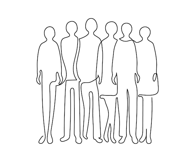 Group of people standing in row continuous one line drawing Crowd of people silhouette outline