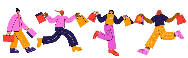 Group of Shoppers Set of Character Carrying Shopping Bags Run for Sale Isolated on White Background Flat vector