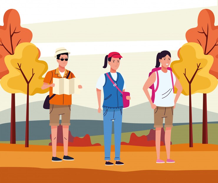 Vector group of tourist people doing activities in the autumn landscape illustration