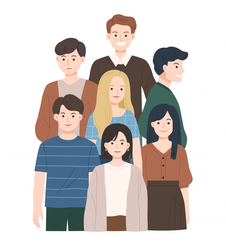 Vector group of young people flat cartoon characters isolated on white background. happy teenager in casual clothes. happy friends staying together.