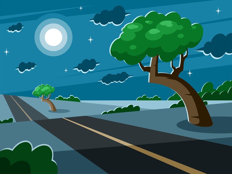 Vector growing tree near a country road at night night landscape scenic countryside vector graphics