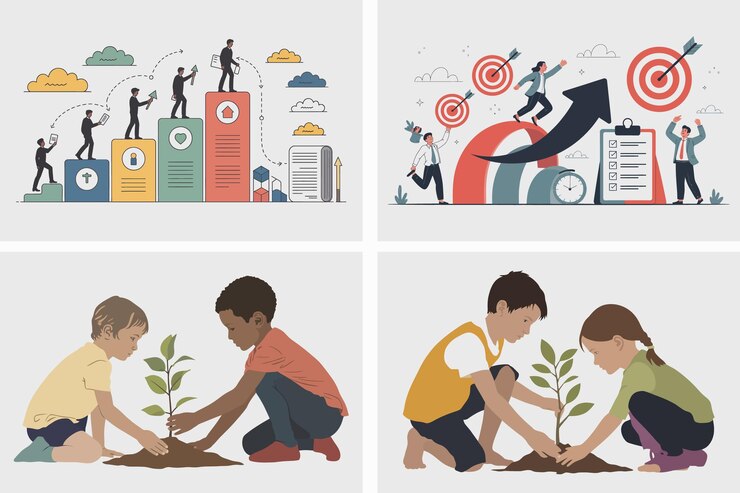 Vector growth and planting visuals of success and environmental stewardship