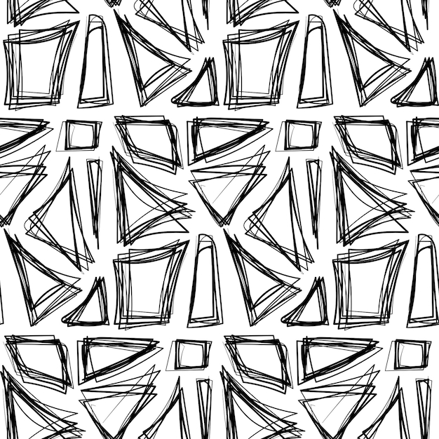 Grunge figures seamless pattern with hand drawn triangles and squares Ornament for printing on fabric cover and packaging Simple black and white vector ornament isolated on white background